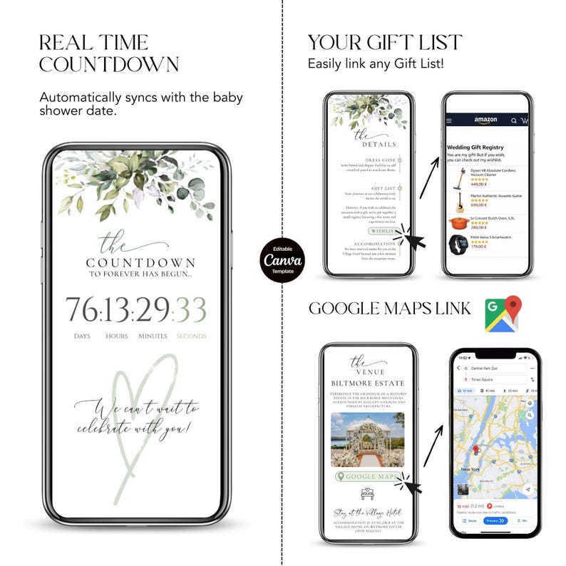 Pode incluir: Um ecr&atilde; de smartphone com um temporizador de contagem decrescente para um ch&aacute; de beb&eacute;, com o texto "Real Time Countdown". Outras telas mostram informa&ccedil;&otilde;es sobre a lista de presentes e o local. O temporizador mostra dias, horas, minutos e segundos.