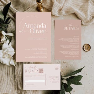 Faire-part de mariage rose poudré avec code QR, suite d'invitations de mariage minimaliste, lot minimaliste moderne, modèle d'invitation modifiable simple, # MM2