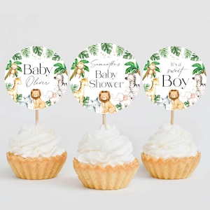 Adorno para cupcakes de baby shower con temática de safari, decoraciones editables para baby shower con temática de jungla, adornos para tartas de cumpleaños, etiquetas de regalo WLDB