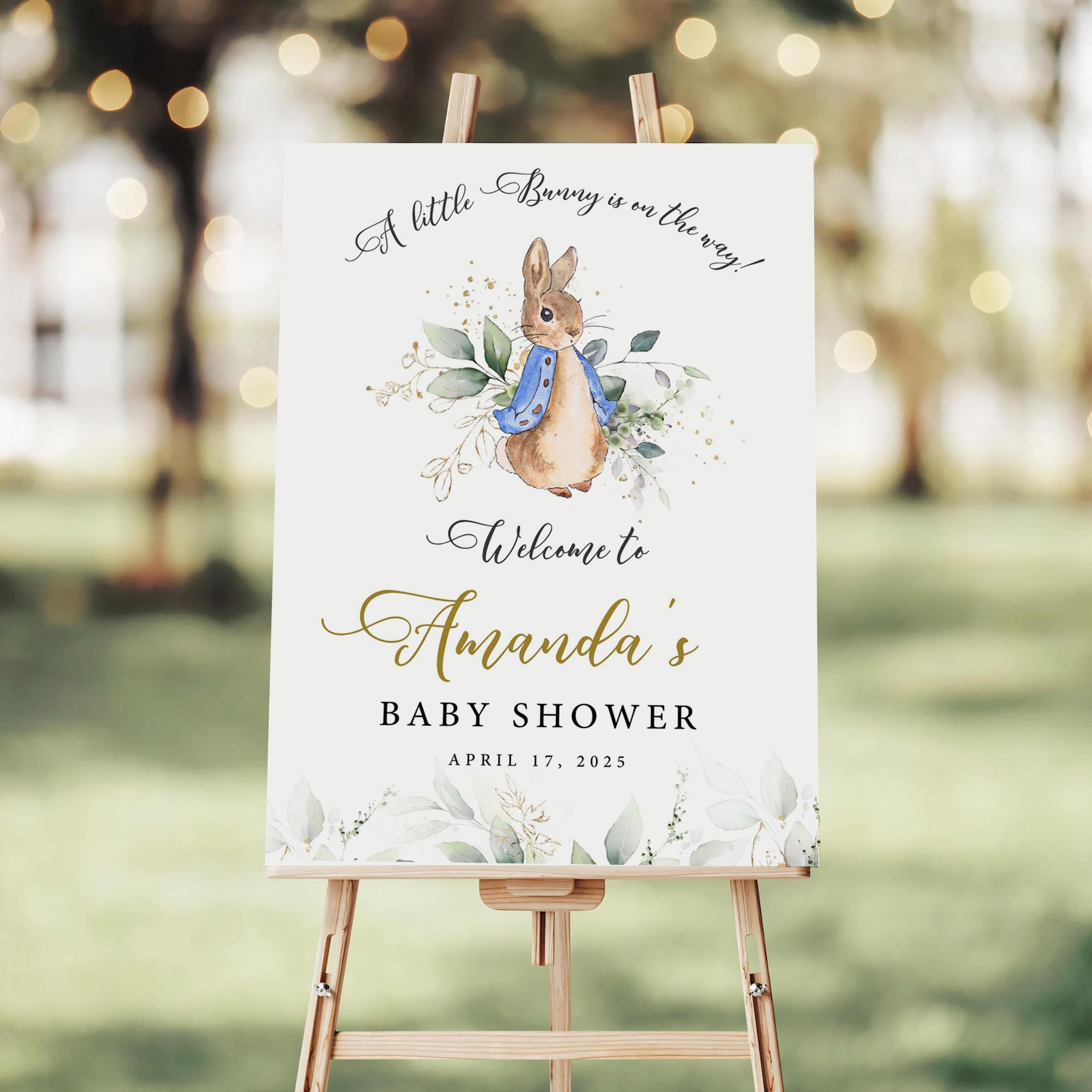 Peter Rabbit Baby Shower Welcome Sign Editable Blue Bunny Baby Shower Poster Peter Rabbit Party Decorations Eucalyptus Design Canva #PR