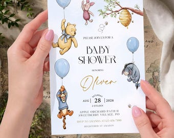 Winnie the Pooh Baby Shower Invitation Boy, Printable Classic Pooh Invite, Editable Canva Template