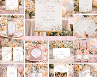 Floral Bridal Shower Invitation Bundle, Printable Wild Flower Invitate, Editable Games, Spring Summer Party Templates FL1