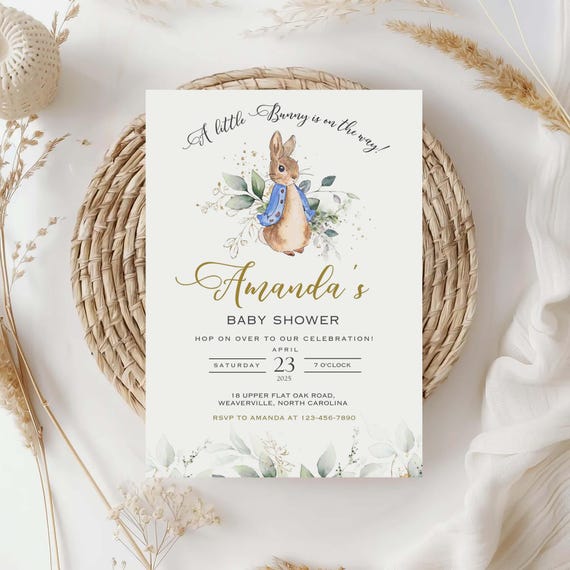 Peter Rabbit Invitation Editable Peter Rabbit Baby Shower Invite Blue Bunny Electronic Template Our Little Bunny Is On The Way Canva PR