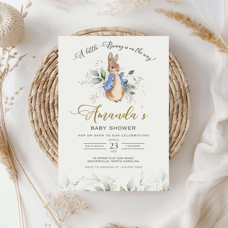 Peter Rabbit Invitation Editable Peter Rabbit Baby Shower Invite Blue Bunny Electronic Template Our Little Bunny Is On The Way Canva PR