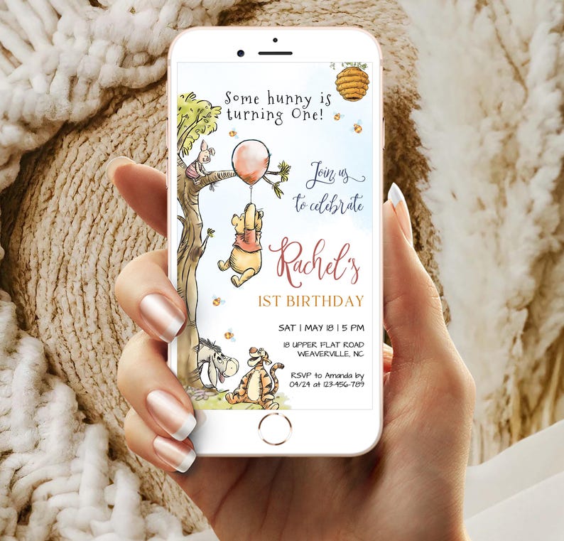 Pooh Birthday Digital Invitation Winnie The Pooh First Birthday Electronic Evite for Cellphone Editable 1st Birthday Canva Template