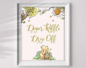 Diaper Raffle Drop Off , Classic Winnie The Pooh Sign, Printable Table Sign, Party Sign Decorations,  You Print, PWP