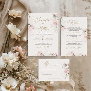 May include: Wedding invitation suite with a floral design. The invitation features a pink and white floral pattern with gold accents. The text reads "Samantha and Matthew" and includes the date and time of the wedding. The RSVP card features a similar floral design and includes a space for guests to RSVP.