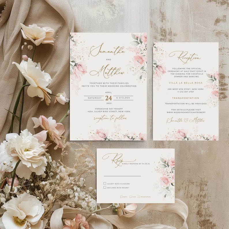 May include: Wedding invitation suite with a floral design. The invitation features a pink and white floral pattern with gold accents. The text reads "Samantha and Matthew" and includes the date and time of the wedding. The RSVP card features a similar floral design and includes a space for guests to RSVP.