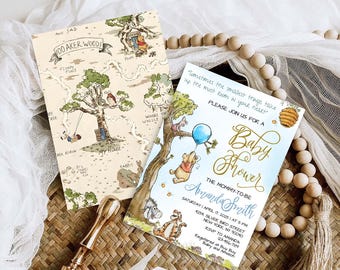 Classic Winnie the Pooh Baby Shower Invitation: Blue Balloon (Digital Canva Template)