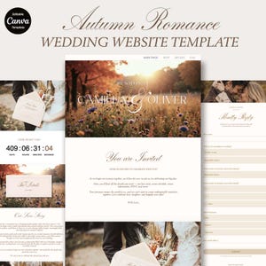 May include: An editable Canva wedding website template titled Autumn Romance. The design features a central hero image of a field with wildflowers at sunset, elegant serif typography, and sections for RSVP, details, and a countdown timer.