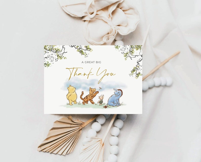 Classic Winnie The Pooh Thank You Card, Tent and Flat Thank You, Winnie Pooh Birthday, Classic Pooh Baby Shower Thank You, Templett, CWG image 2