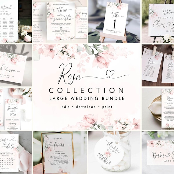 ROSA Collection - Blush Pink  Wedding Template Kit, Floral Wedding Stationery Bundle, Wedding Invitation Set, Invitation Template Set