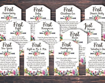 Marriage Milestone Wine Basket Tags - A year of first - Wine Gift Basket Tags - Bridal Shower Gift - Wedding Gift - Rustic Wine Label