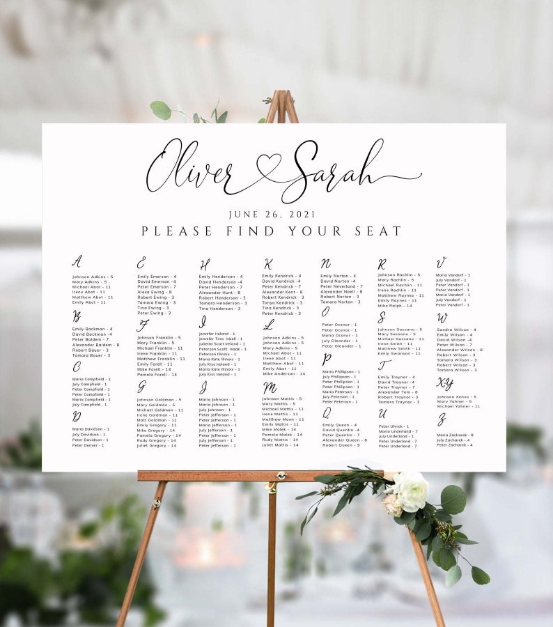 May include: A wedding seating chart with the names of guests listed alphabetically. The chart is printed on white paper and has a black and white design. The text at the top of the chart reads "Oliver & Sarah" and "June 26, 2021" and "Please Find Your Seat".