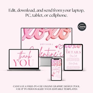 K&ouml;nnte beinhalten: Eine digitale Designvorlage mit rosa Valentinstag-Thema, angezeigt auf einem Laptop, Desktop, Tablet und Telefon. Das Design enth&auml;lt die W&ouml;rter "xoxo", "Thank You" und "Galentine's party". Das Canva-Logo ist sichtbar.
