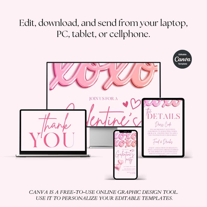 K&ouml;nnte beinhalten: Eine digitale Designvorlage mit rosa Valentinstag-Thema, angezeigt auf einem Laptop, Desktop, Tablet und Telefon. Das Design enth&auml;lt die W&ouml;rter "xoxo", "Thank You" und "Galentine's party". Das Canva-Logo ist sichtbar.