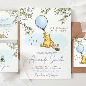Faire-part ballon bleu Winnie l'ourson, tombola de couches, demande de livre, carte de remerciement, baby shower modifiable par ensemble Winnie l'ourson, #CW-BB