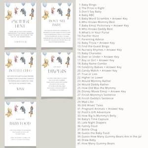 May include: Set of baby shower game cards featuring Winnie the Pooh characters and blue balloons. Games include "Pacifier Hunt," "Don't Say Baby," "Bottle Chug," and "Guess the Baby Food." The cards are white with black text.