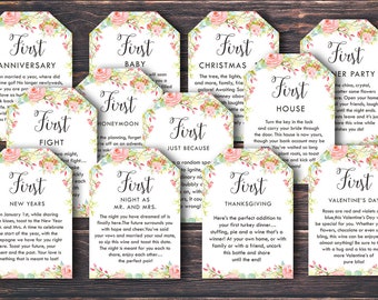 Marriage Milestone Wine Basket Tags - A year of first - Wine Gift Basket Tags - Bridal Shower Gift - Wedding Gift - Rustic Wine Label