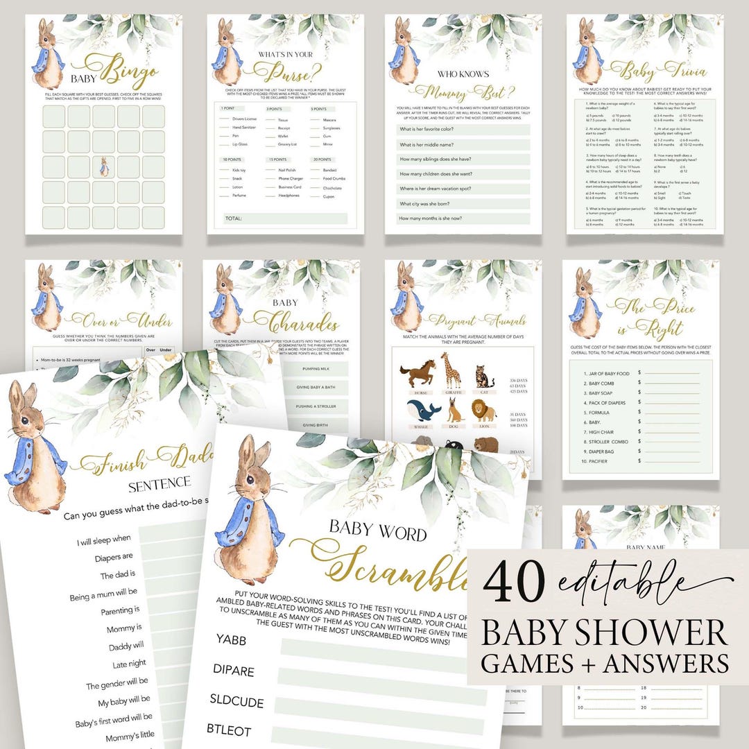 Peter Rabbit Baby Shower Games Editable Blue Bunny Game Bundle, 40 ...