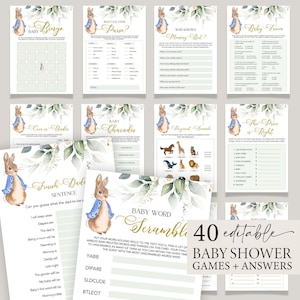 Peter Rabbit Baby Shower Games Pacchetto di giochi modificabili Blue Bunny, 40 modelli Canva stampabili #PR
