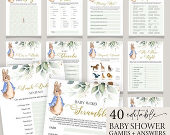 Peter Rabbit Babypartyspiele Bearbeitbares Blue Bunny Game Bundle, 40 druckbare Canva-Vorlagen #PR