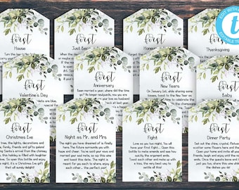 Marriage Milestone Wine Basket Tags - A year of first - Wine Gift Basket Tags - Bridal Shower Gift - Wedding Gift - EDITABLE Wine Label #GR1
