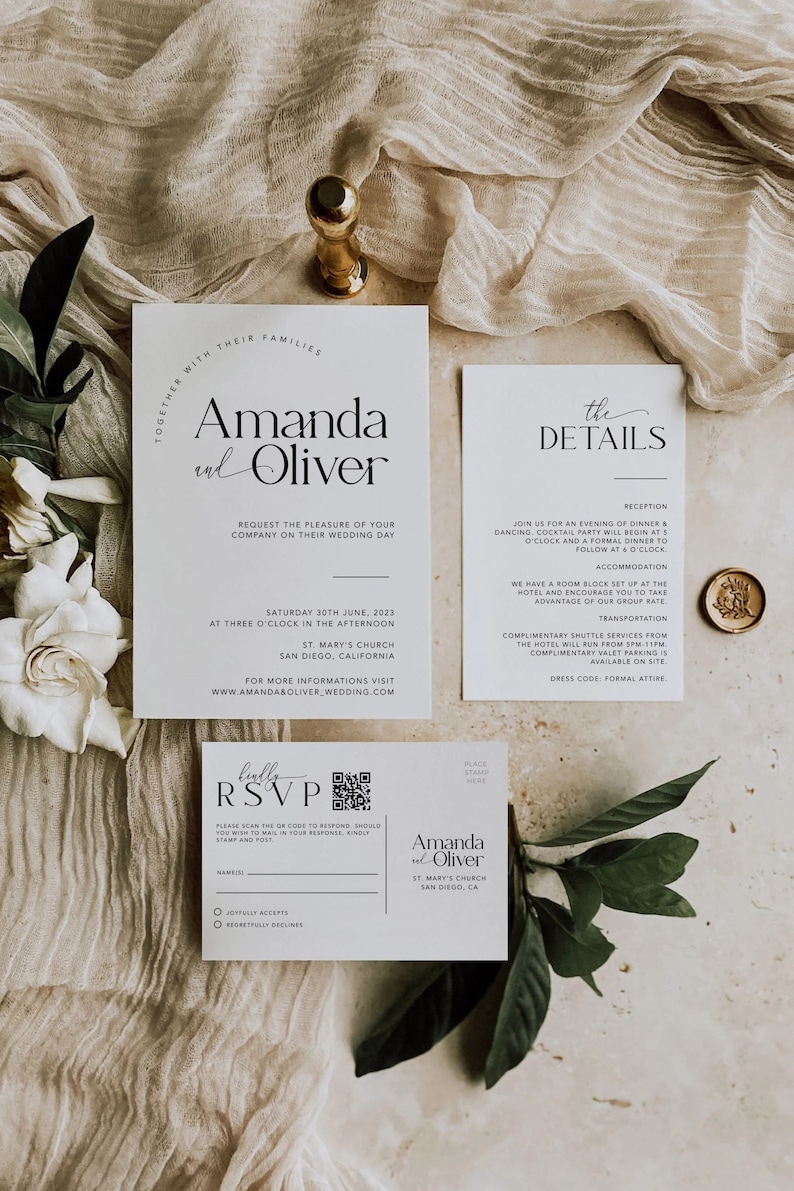 Minimal Wedding Invites with QR Code, Minimalist Wedding Invite Suite, Modern Invite, Simple Editable Invite Template, MM2 image 1