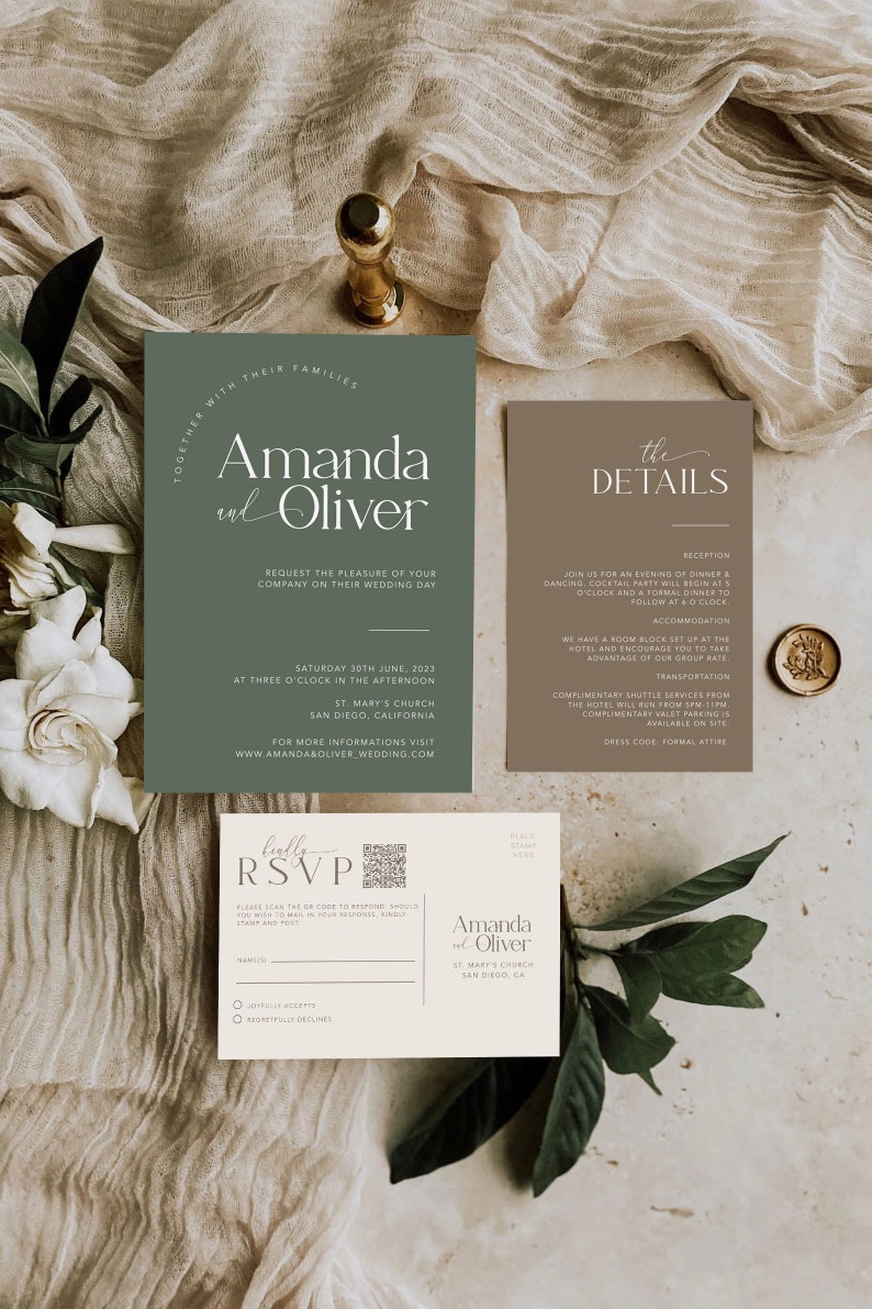 Modern Minimal Wedding Invite with QR RSVP Neutral Green Brown Wedding Invite Suite, Editable Autum Template