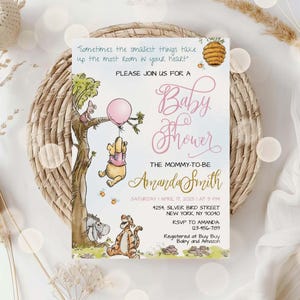 Winnie Puuh-Babyparty-Einladung: Bearbeitbares rosa Design (Canva-Vorlage)