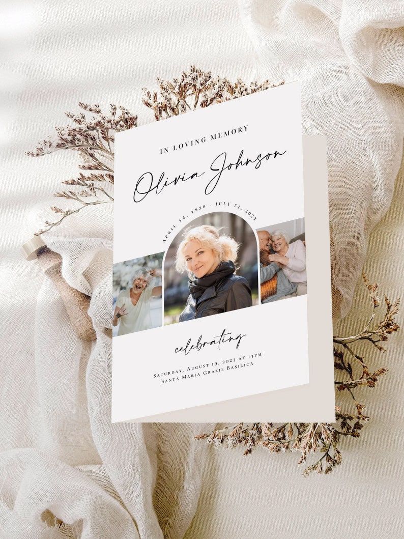 May include: A white card with black text announcing a celebration of life for Olivia Johnson. The dates April 14, 1938 and July 21, 2023 are listed. The card also includes the date and time of the celebration, Saturday, August 19, 2023 at 1:00 PM, and the location, Santa Maria Grazie Basilica.