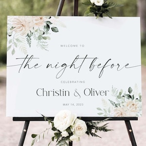The Night Before Welcome Sign, Rehearsal Dinner Poster, Wedding Welcome Sign, Sage Green Floral Reception Sign, #SGreen
