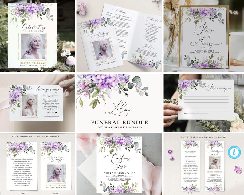 May include: Lilac floral funeral bundle with 8 editable templates. Includes a memorial sign, prayer card, bookmark card, and share a memory card. The templates feature a watercolor design with purple flowers and green leaves.