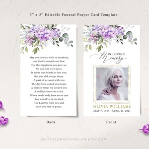 May include: A printable funeral prayer card template with a purple floral design. The front of the card features a photo placeholder and the text "In Loving Memory". The back of the card has a poem about remembering a loved one.