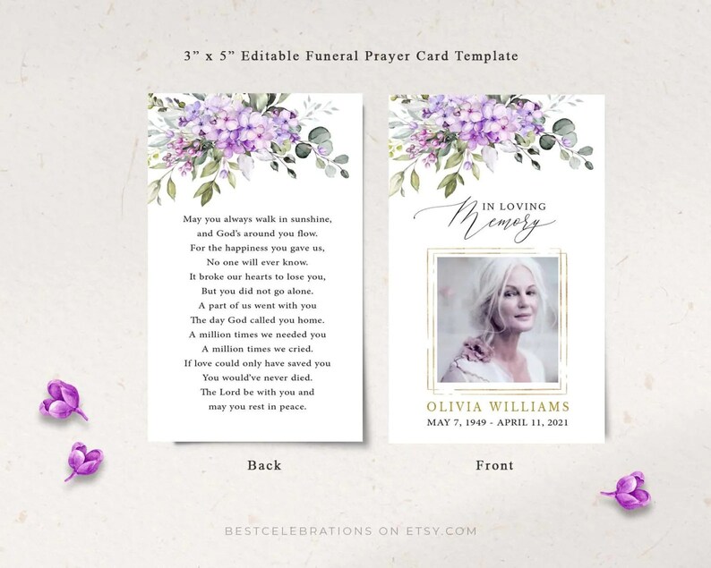 May include: A printable funeral prayer card template with a purple floral design. The front of the card features a photo placeholder and the text "In Loving Memory". The back of the card has a poem about remembering a loved one.