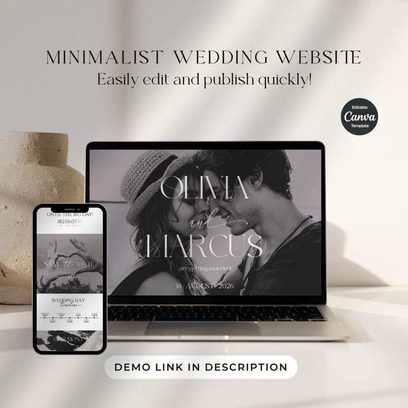 Minimalist Wedding Website Template, Wedding Web Invitation, Trackable RSVP, Countdown Timer, Interactive Map, Editable Canva Template