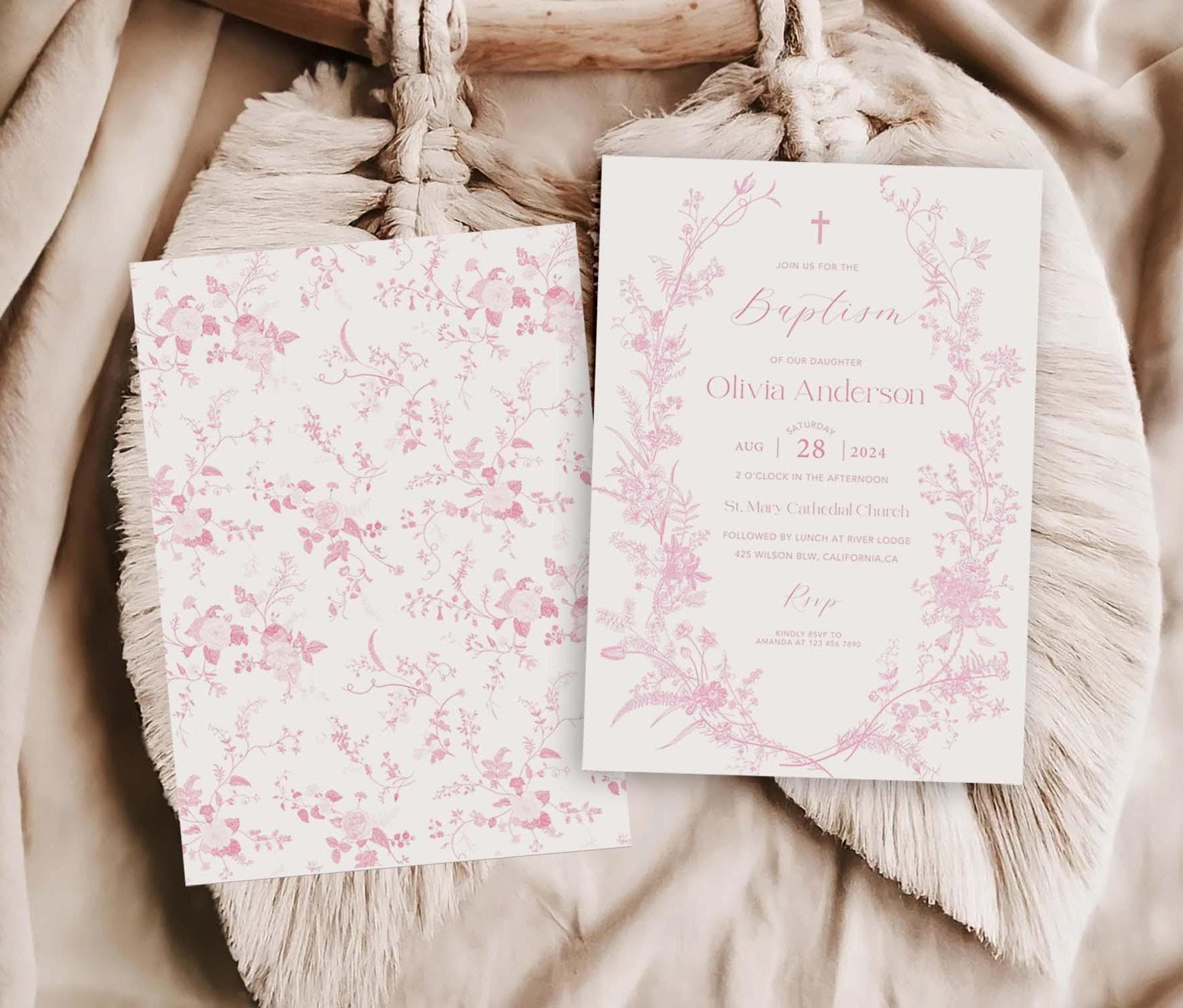 Vintage Floral Baptism Invitation Chinoiserie Invite Victorian French Toile Dusty Pink Christening Editable Botanical Canva Template #BV1