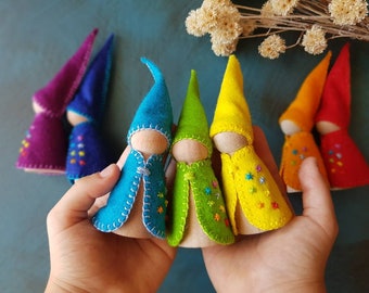 Rainbow Peg Doll Set,  Waldorf Season Table Decoration, Waldorf Peg Doll Gnome, Seasonal Felt Peg Doll Made to Order