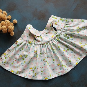 Puede incluir: Un vestido de beb&eacute; azul claro con cuello blanco y estampado floral de flores rosas, hojas verdes y detalles amarillos. El vestido tiene una falda fruncida y se abrocha con botones.