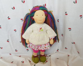 Rainbow Hair Waldorf Doll - Ecofriendly Toy Gift for Girls - Collectable Natural Fiber Art Doll  - Natural Toys for Children - OOAK Doll