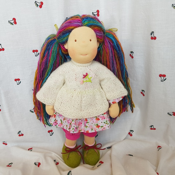 Rainbow Hair Waldorf Doll - Ecofriendly Toy Gift for Girls - Collectable Natural Fiber Art Doll  - Natural Toys for Children - OOAK Doll