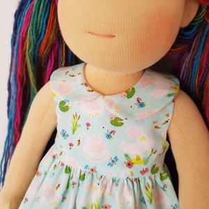 Puede incluir: Una mu&ntilde;eca con un vestido azul claro con un cuello blanco de Peter Pan. El vestido tiene un estampado de patos rosas y flores sobre un fondo azul claro. La mu&ntilde;eca tiene el pelo largo de hilo de colores arco&iacute;ris.