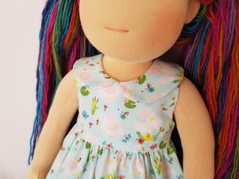 Puede incluir: Una mu&ntilde;eca con un vestido azul claro con un cuello blanco de Peter Pan. El vestido tiene un estampado de patos rosas y flores sobre un fondo azul claro. La mu&ntilde;eca tiene el pelo largo de hilo de colores arco&iacute;ris.