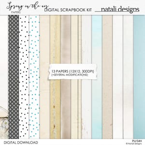 Puede incluir: Kit de álbum de recortes digital "Spring in the Air" con varios diseños de papel. El kit incluye 13 papeles, cada uno de 30,5 x 30,5 cm, con una resolución de 300 DPI. Los papeles presentan patrones, lunares y texturas desgastadas en tonos grises, turquesas y crema.