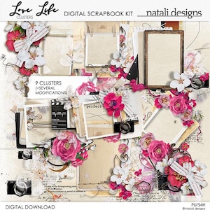 May include: A digital scrapbook kit titled Love Life Clusters by natali designs featuring nine clusters with various frames, pink and white floral accents, film clapperboards, cameras, and script text elements on a neutral textured background.