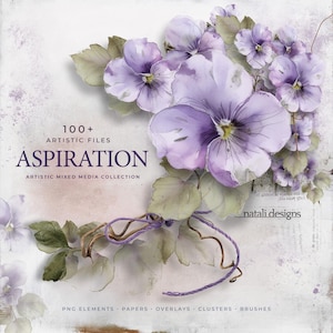 Könnte beinhalten: Eine digitale Kunstkomposition mit lila Stiefmütterchen im Aquarellstil und grünen Blättern. Der Text "ASPIRATION" wird mit den Worten "100+ ARTISTIC FILES" darüber und "ARTISTIC MIXED MEDIA COLLECTION" darunter angezeigt. Das Bild enthält den Text "PNG ELEMENTS PAPERS OVERLAYS CLUSTERS BRUSHES".