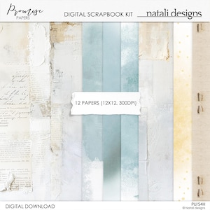 Könnte beinhalten: Ein digitales Scrapbook-Set namens Promise Papers von Natali Designs mit 12 Papieren in 30,48 x 30,48 cm bei 300 DPI. Die Sammlung enthält verschiedene Texturen in Weiß-, Beige- und Hellblautönen mit handschriftlichem Text und Sternmustern.