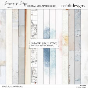 Puede incluir: Kit de scrapbook digital "Summer Story" de natali designs. El kit incluye 10 papeles de 30,5 x 30,5 cm, con diversas texturas y diseños. Los papeles presentan una mezcla de tonos blancos, azules y beige, algunos con elementos de mapas y escritura.
