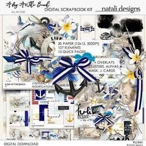 May include: Digital scrapbook kit with a beach theme. The design includes anchors, seashells, and floral accents in blue, white, and tan. Text includes "A Day at the Beach" and "Digital Download".