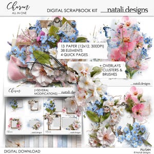 May include: Digital scrapbook kit with floral elements. The image features a collection of digital papers, elements, and quick pages. The design includes pink, white, and blue flowers, with the text "Charm" and "natali designs".